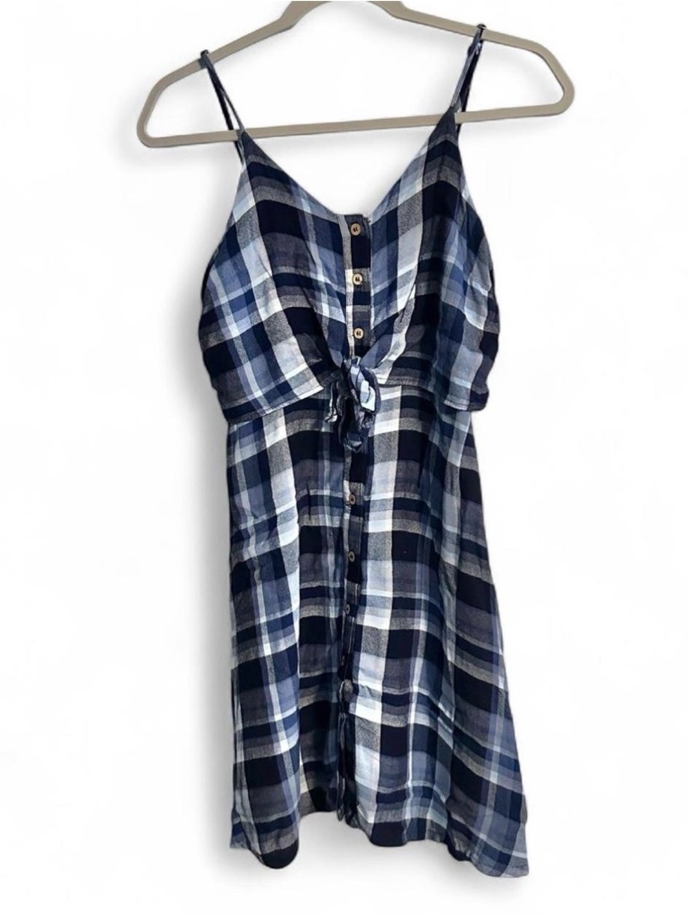 Universal Thread Blue Plaid Button-Front Summer Dress With Tie Cottagecore